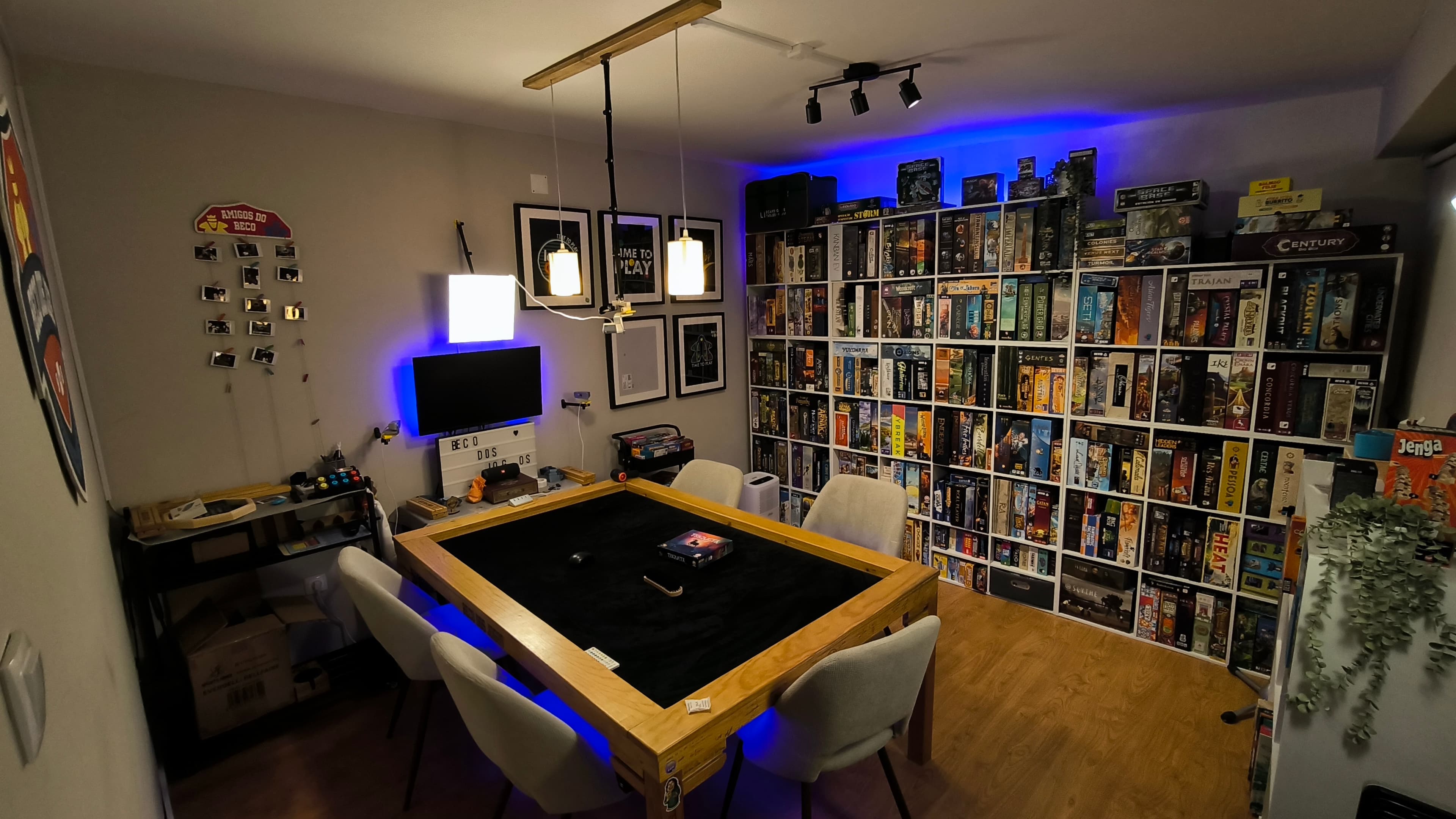 Beco dos Jogos game room setup with board games